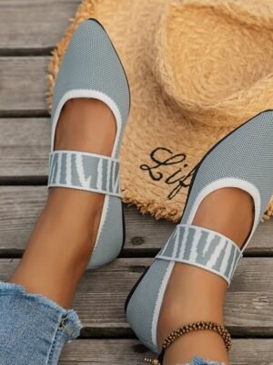 Casual Pointed Toe Geometric Strap Black Knit Flats - Image 11