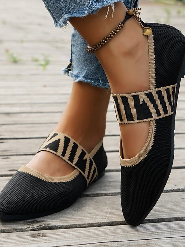 Casual Pointed Toe Geometric Strap Black Knit Flats - Image 2