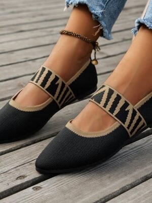 Casual Pointed Toe Geometric Strap Black Knit Flats - Image 3