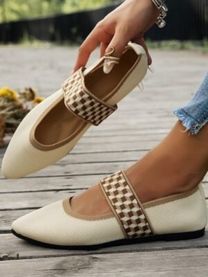 Casual Pointed Toe Geometric Strap Black Knit Flats - Image 4