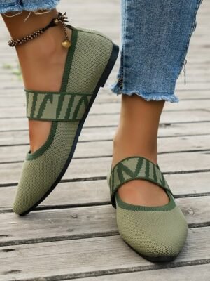 Casual Pointed Toe Geometric Strap Black Knit Flats - Image 8