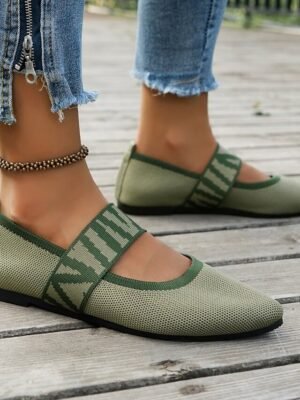 Casual Pointed Toe Geometric Strap Black Knit Flats - Image 9