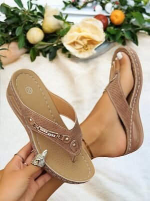 Casual Red Perforated Round Toe Rhinestone Flip-Flop Sandals - Image 29