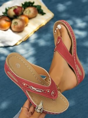 Casual Red Perforated Round Toe Rhinestone Flip-Flop Sandals - Image 6