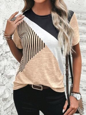 Casual Regular Colour Block Round Neck Short Sleeve Summer Top - Image 3