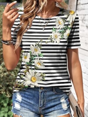 Casual Regular Fit Daisy Floral Stripe Print Round Neck Short Sleeve Summer Top - Image 1