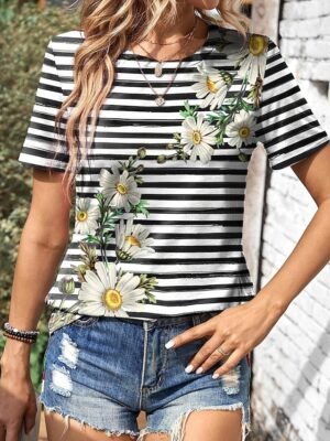 Casual Regular Fit Daisy Floral Stripe Print Round Neck Short Sleeve Summer Top - Image 2