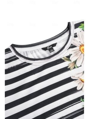 Casual Regular Fit Daisy Floral Stripe Print Round Neck Short Sleeve Summer Top - Image 6