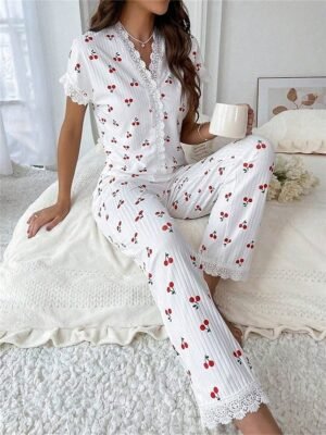 Casual Regular Fit Floral Butterfly V Neck Short Sleeve Pajama Set - Image 9