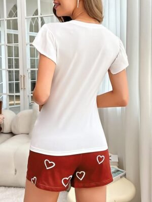 Casual Regular Fit Heart Crew Neck Short Sleeve Pajama Set - Image 2