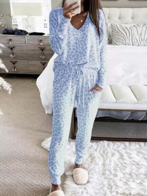Casual Regular Fit Leopard V Neck Long Sleeve Pajama Set - Image 13