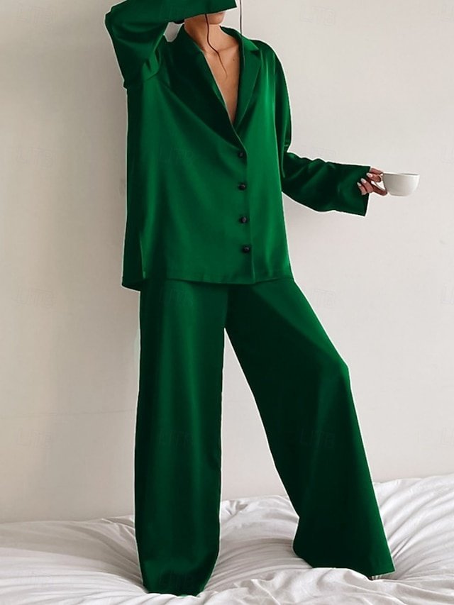 Casual Regular Fit Pure Colour Shirt Collar Long Sleeve Pajama Set - Image 1