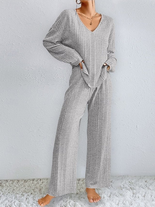 Casual Regular Fit Pure Colour V Neck Long Sleeve Pajama Set - Image 1