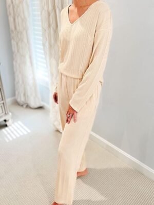 Casual Regular Fit Pure Colour V Neck Long Sleeve Pajama Set - Image 13