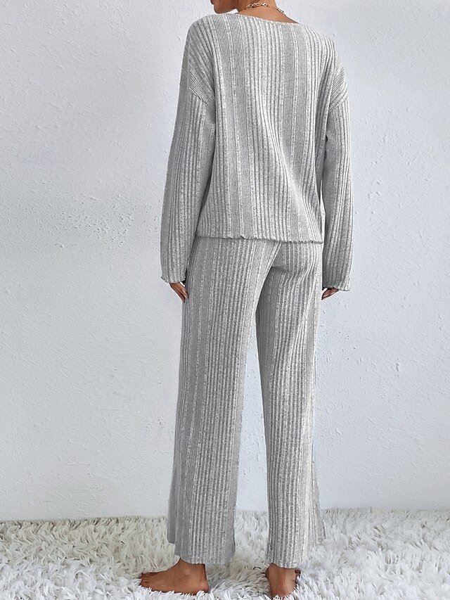 Casual Regular Fit Pure Colour V Neck Long Sleeve Pajama Set - Image 2