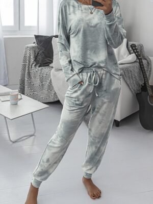 Casual Regular Fit Tie Dye Crew Neck Long Sleeve Pajama Set - Image 6