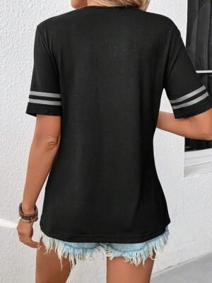 Casual Regular Striped Round Neck Short Sleeve Black T-Shirt - Image 2