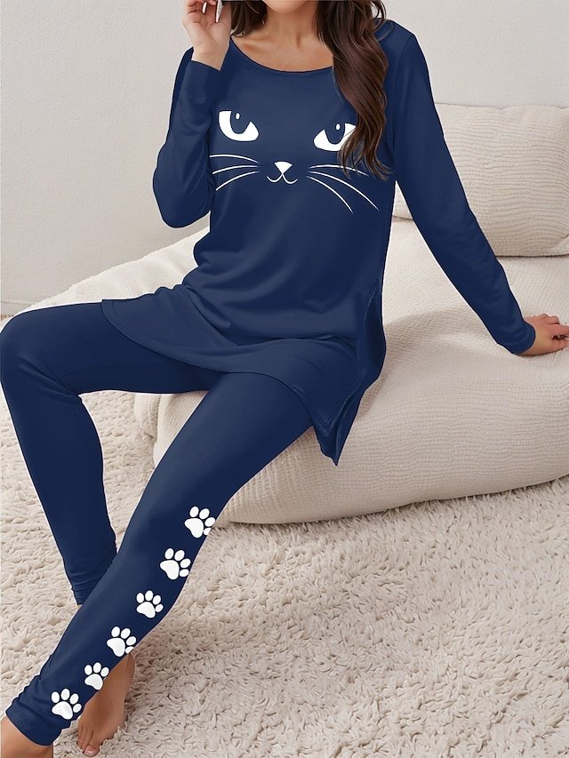 Casual Relaxed Graphic Round Neck Long Sleeve Black Home Set - Image 2