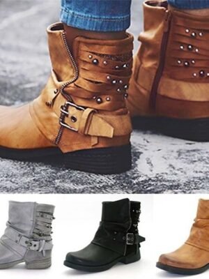 Casual Retro Studded Straps Round Toe Ankle Boots - Image 1