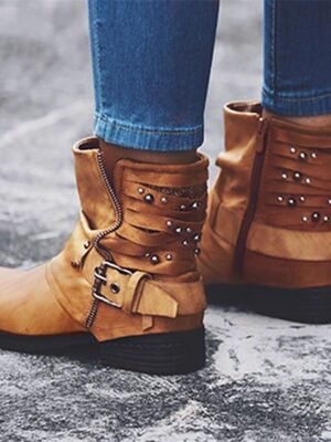 Casual Retro Studded Straps Round Toe Ankle Boots - Image 4