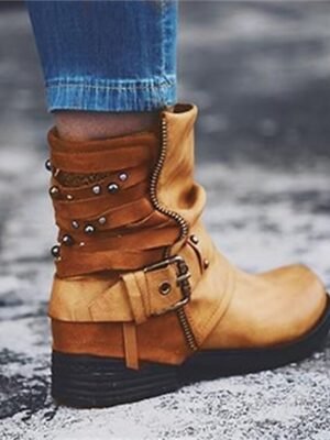 Casual Retro Studded Straps Round Toe Ankle Boots - Image 5