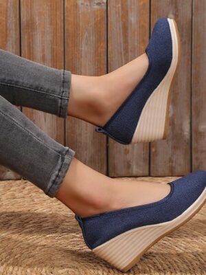 Casual Slip-On Beige Woven Platform Wedge Shoes - Image 17