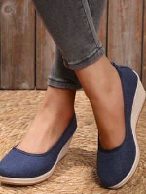 Casual Slip-On Beige Woven Platform Wedge Shoes - Image 18