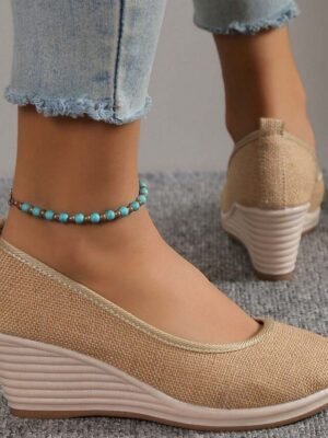 Casual Slip-On Beige Woven Platform Wedge Shoes - Image 3