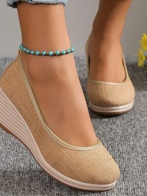 Casual Slip-On Beige Woven Platform Wedge Shoes - Image 4