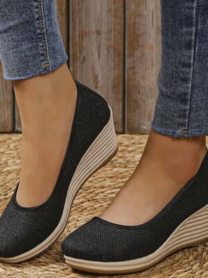 Casual Slip-On Beige Woven Platform Wedge Shoes - Image 7