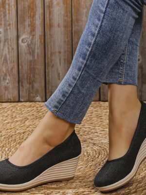 Casual Slip-On Beige Woven Platform Wedge Shoes - Image 9