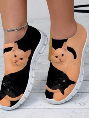 Casual Slip-On Cat Print Mesh Sneakers - Image 2