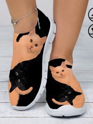 Casual Slip-On Cat Print Mesh Sneakers - Image 3