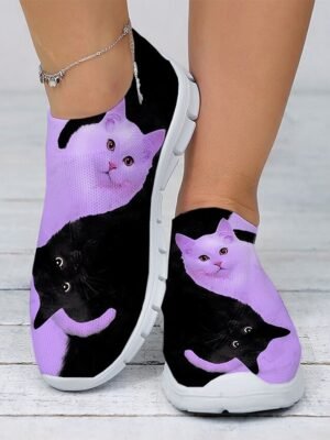 Casual Slip-On Cat Print Mesh Sneakers - Image 6