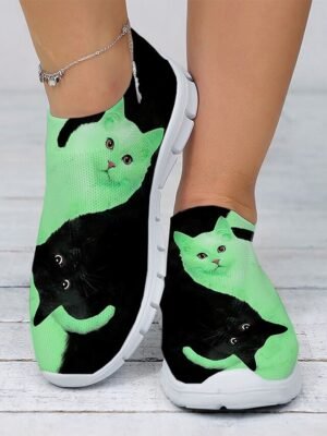 Casual Slip-On Cat Print Mesh Sneakers - Image 7