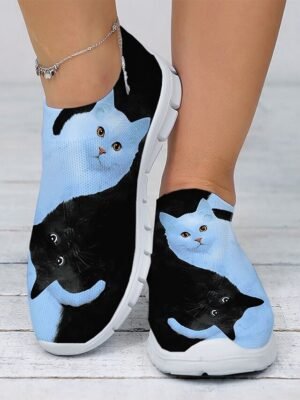 Casual Slip-On Cat Print Mesh Sneakers - Image 8