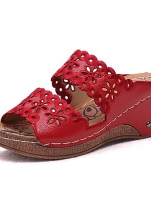 Casual Slip-On Floral Cutout Stitch Detail Wedge Sandals - Image 6