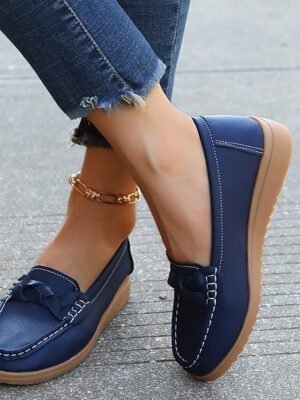 Casual Slip-On Navy Bow Accent Loafers - Image 1