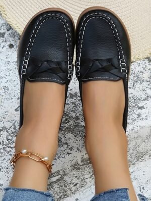 Casual Slip-On Navy Bow Accent Loafers - Image 10