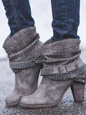 Casual Slouchy Gray Studded Ankle Cut-Out Boots - Image 1