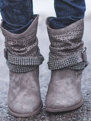 Casual Slouchy Gray Studded Ankle Cut-Out Boots - Image 2