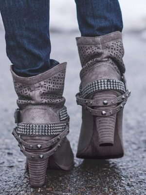 Casual Slouchy Gray Studded Ankle Cut-Out Boots - Image 3
