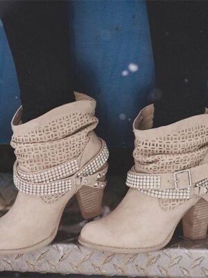 Casual Slouchy Gray Studded Ankle Cut-Out Boots - Image 4