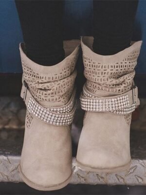 Casual Slouchy Gray Studded Ankle Cut-Out Boots - Image 5