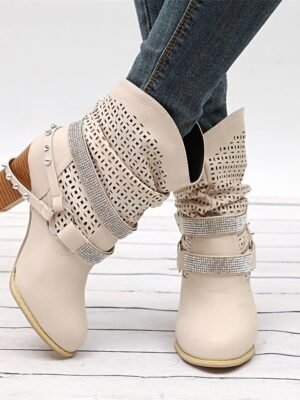 Casual Slouchy Gray Studded Ankle Cut-Out Boots - Image 6