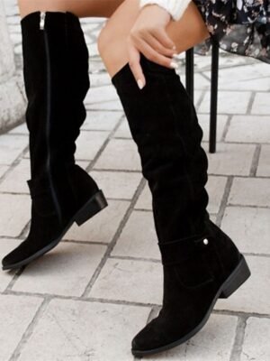 Casual Slouchy Suede Round Toe Knee-High Flat Boots - Image 10