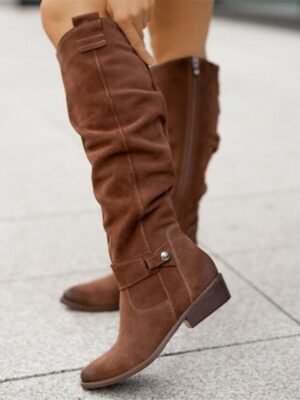 Casual Slouchy Suede Round Toe Knee-High Flat Boots - Image 11