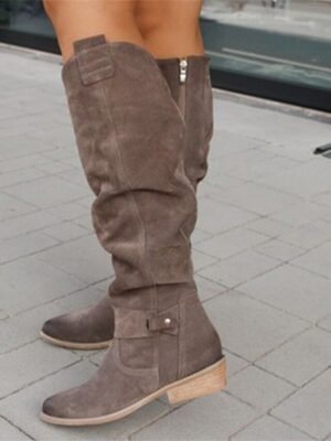 Casual Slouchy Suede Round Toe Knee-High Flat Boots - Image 12