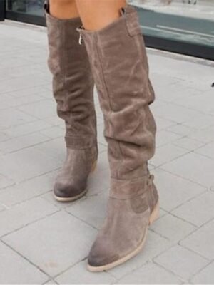 Casual Slouchy Suede Round Toe Knee-High Flat Boots - Image 13