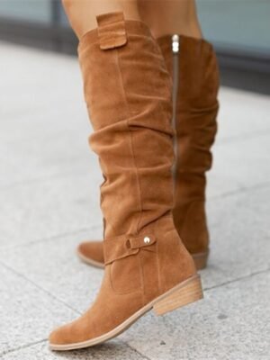 Casual Slouchy Suede Round Toe Knee-High Flat Boots - Image 8